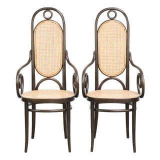 Vintage Long John High Back Armchairs in Curved Wood with Cane Seats from Thonet, Set of 2 For Sale