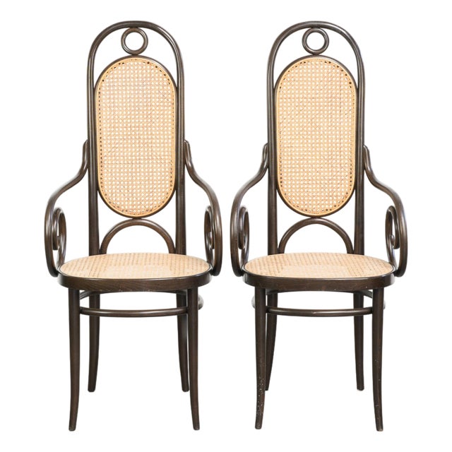 Vintage Long John High Back Armchairs in Curved Wood with Cane Seats from Thonet, Set of 2 For Sale