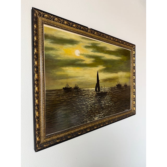 Mid-Century Modern 1980s Vintage S. A. Hasan Ocean Boats Seascape Oil on Masonite Painting, Framed For Sale - Image 3 of 11