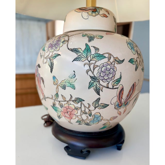 Wood Pastel Flowers and Butterflies Chinoiserie Ginger Jar Lamps, a Pair For Sale - Image 7 of 11