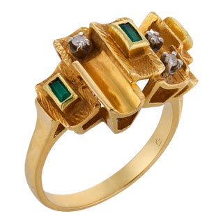 Vintage Emerald Diamond 18k Yellow Gold Ring, Size 6.5 For Sale