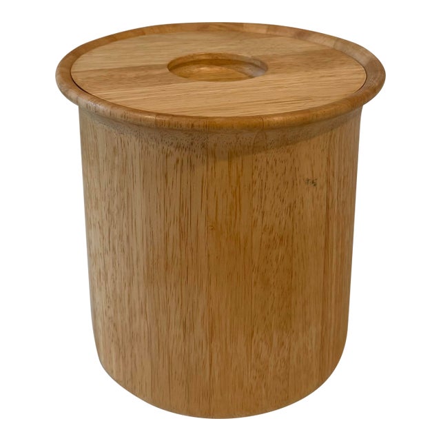 Vintage Blonde Wood Ice Bucket With Lid and Liner For Sale