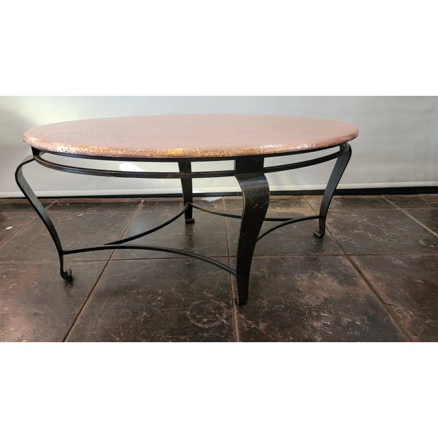 Contemporary Hand Hammered Copper Coffee Table With Wrought Iron Base For Sale - Image 3 of 6