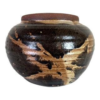 Mid-Century Organic Brown Glaze Pottery Vase, Signed For Sale