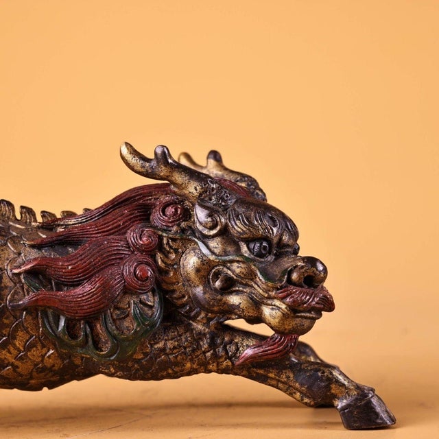 Pair of Antique Gilt Bronze Qilin Statues, Mythical Beast Figures, 1kg Each For Sale In Los Angeles - Image 6 of 8