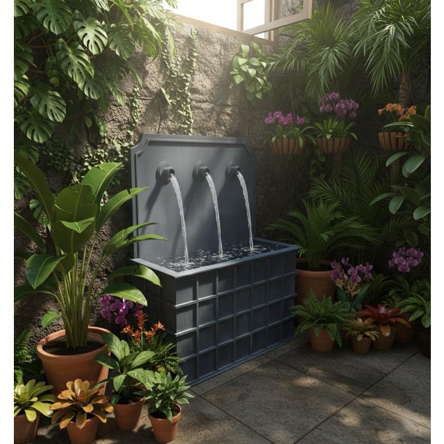 Metal Architectural Lead-Gray Zinc Triple-Spout Wall Fountain For Sale - Image 7 of 7