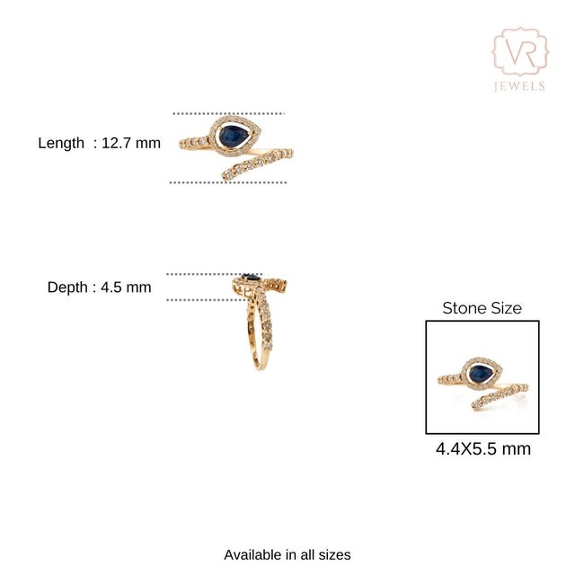 Ink Blue 14k Yellow Gold Pear-Shape Blue Sapphire & Diamond Bypass Ring Size 7 For Sale - Image 8 of 13