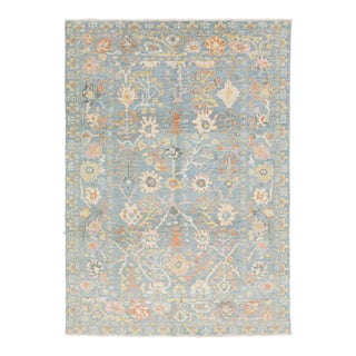 Modern Sultanabad Hand-Knotted Wool Rug – 9x12 Light Blue & Ivory Floral For Sale