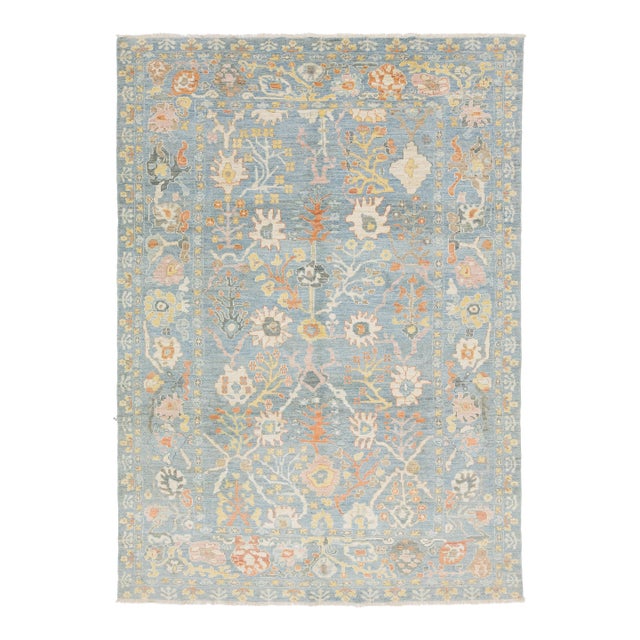 Modern Sultanabad Hand-Knotted Wool Rug – 9x12 Light Blue & Ivory Floral For Sale