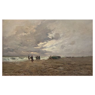 Carlo Follini, Pêcheurs à la marée basse, Oil on Canvas, Framed For Sale