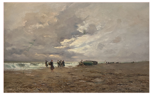 Carlo Follini, Pêcheurs à la marée basse, Oil on Canvas, Framed