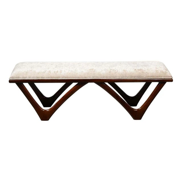 Itialian Mid Century Modern Sculptural Graphic Walnut & Taupe Velvet Bench For Sale - Image 9 of 9