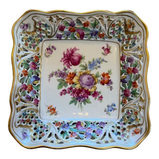 Square Antique Schumann Bavaria Hand Painted Cutwork Dish For Sale