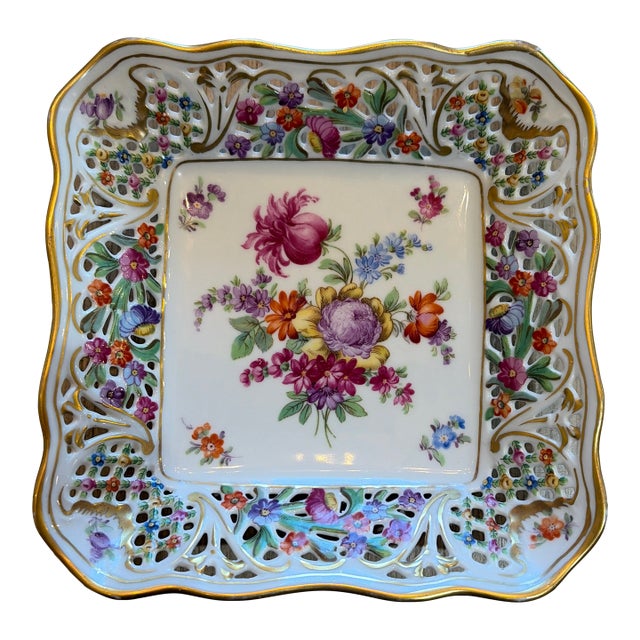 Square Antique Schumann Bavaria Hand Painted Cutwork Dish For Sale