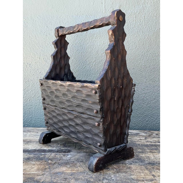 Contemporary Vintage Carved Pine Wood Basket For Sale - Image 3 of 12
