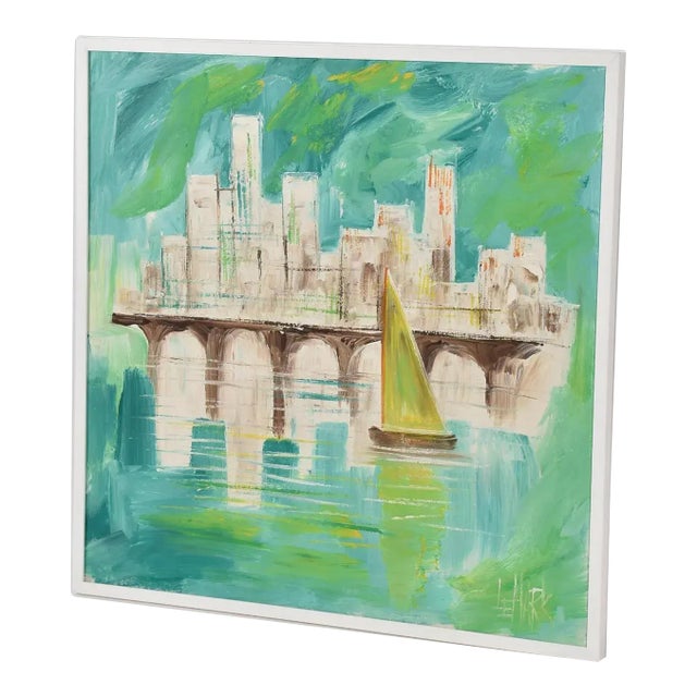 LeMark Mid-Century Modern Aqua Blue White and Green Nautical Harbor Painting For Sale