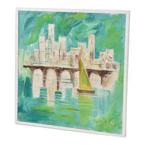 LeMark Mid-Century Modern Aqua Blue White and Green Nautical Harbor Painting
