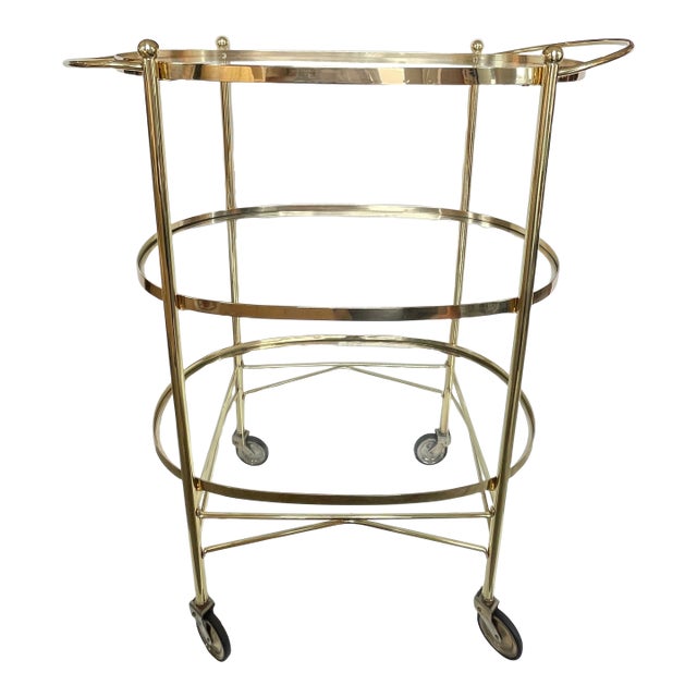 Century Italian Brass 3 Tier Bar Cart, With Glass Shelves, 1970s For Sale
