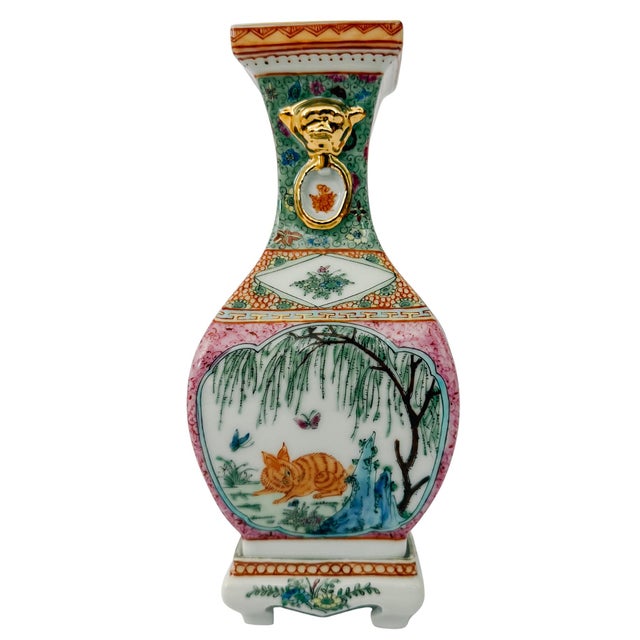 Vintage Chinese Famille Rose Petite Square Baluster Vases With Removable Stands - Pair For Sale - Image 11 of 18