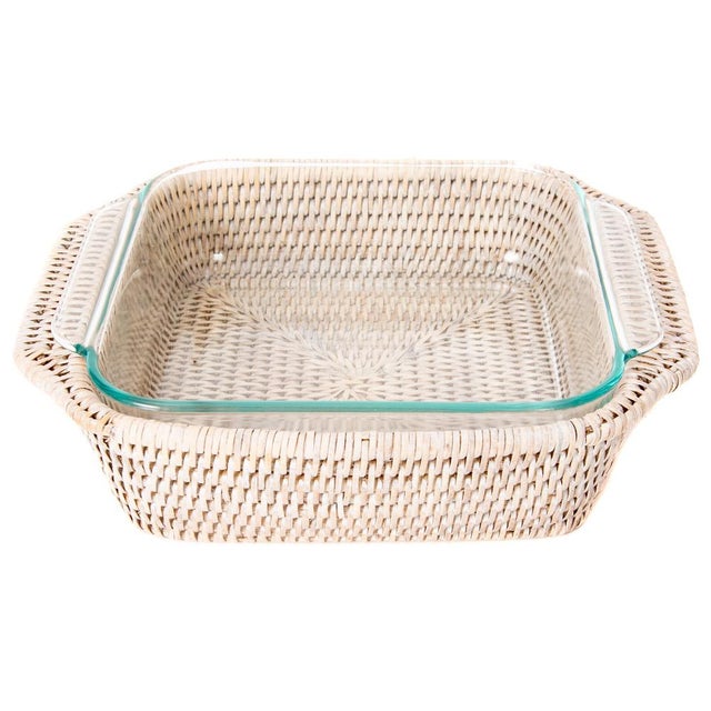 Artifacts Rattan Square Baker Basket with Pyrex in White Wash - 2 Pieces For Sale - Image 4 of 7