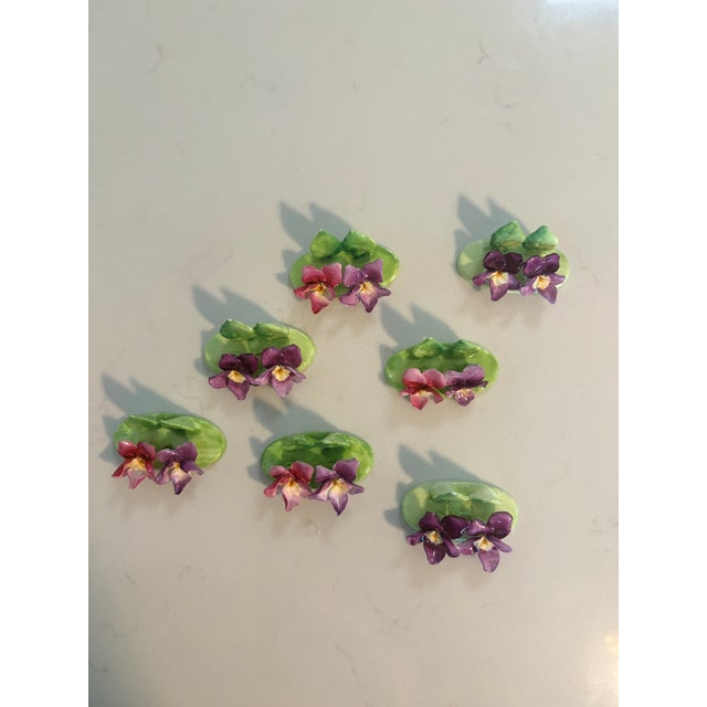 Purple Early 20th Century Crown Staffordshire Hand Painted Bone China Flower Place Card Holders - Set of 8 For Sale - Image 8 of 9