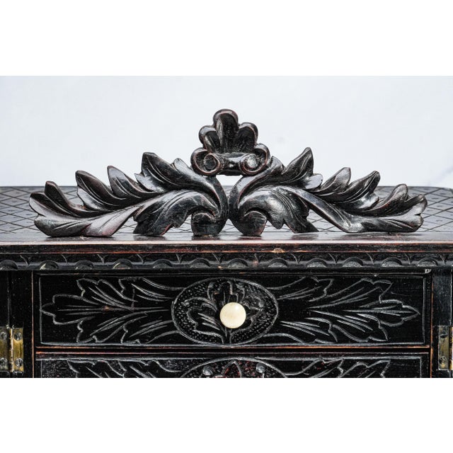 Victorian 19th Century Hand Carved Wood Miniature Cabinet Chest of Drawers Victorian Jewelry Keepsake Storage For Sale - Image 3 of 17