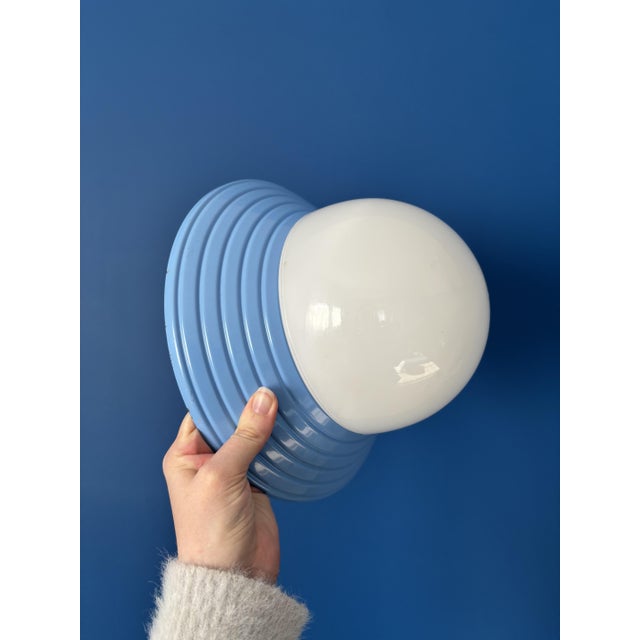 Metal Vintage Blue Metal Wall Light with Opaline Globe 1970s Design Light Fixture For Sale - Image 7 of 9