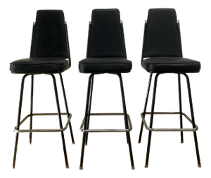 1950s Classic Midcentury Modern Black Vinyl Swivel Bar Stools - Set of 3