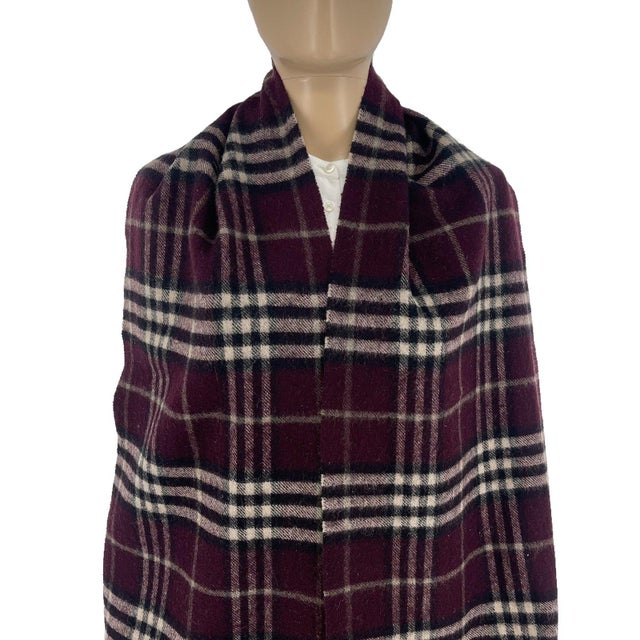 English Late 20th Century Burberry Dark Purple Plaid 100% Wool Scarf For Sale - Image 3 of 8