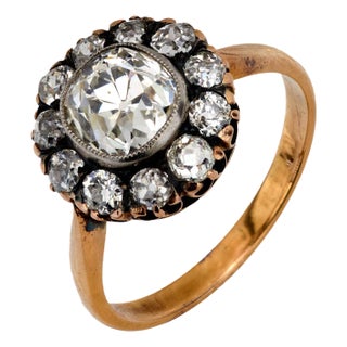 Antique Style 1.83 Carat Old Mine Cut Diamond 18k Gold Silver Cluster Ring, Size 7.5 For Sale