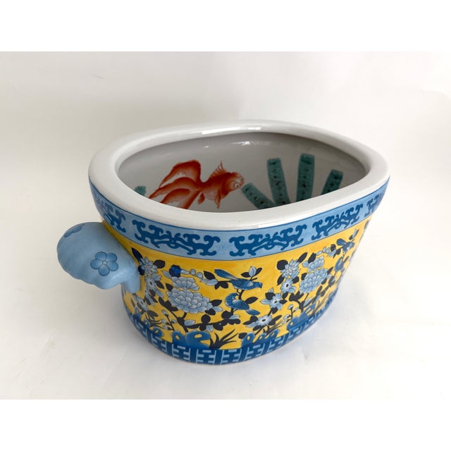 Vintage Yellow & Blue Chinoiserie Porcelain Footbath Planter W/ Koi Fish For Sale In Los Angeles - Image 6 of 12
