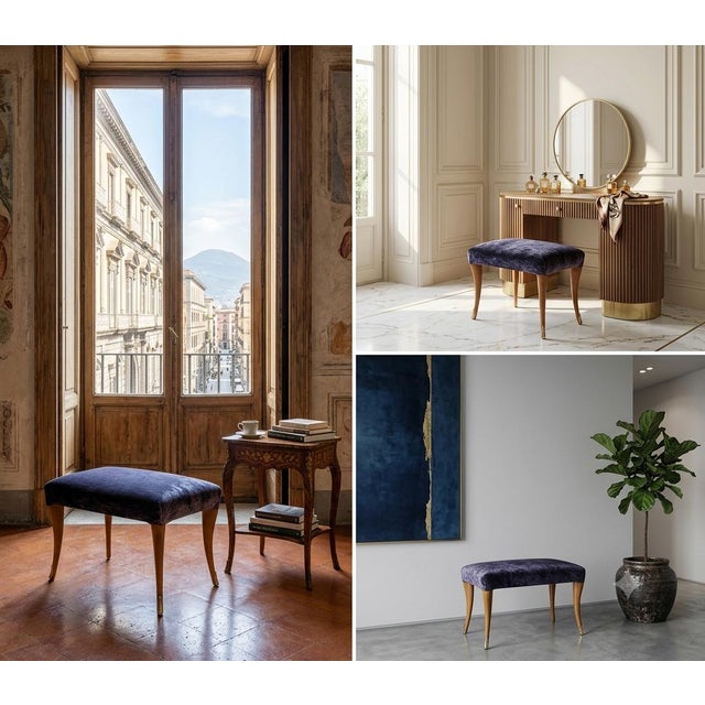 Wood Velvet Stool with Shaped Legs and Brass End Caps, Italy, 1950s For Sale - Image 7 of 8