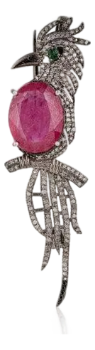 Art Deco-Inspired Ruby Emerald Diamond Bird Brooch Pendant