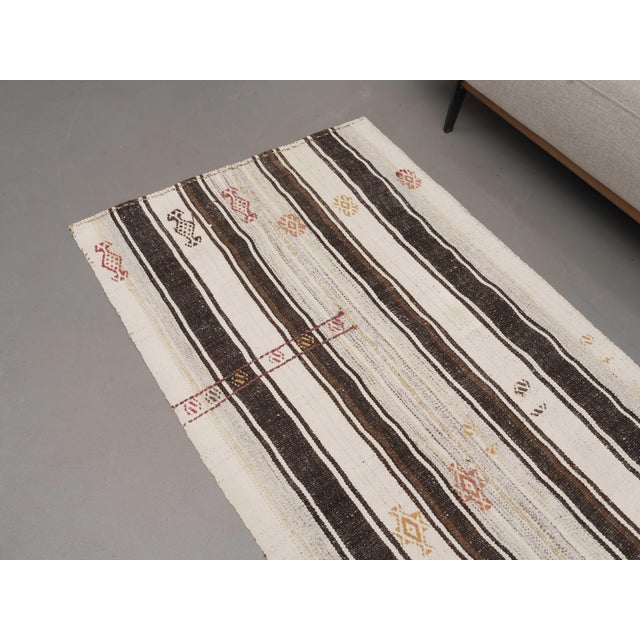1970s Vintage Handmade Wool Cotton White Brown Runner Rug For Sale - Image 4 of 11