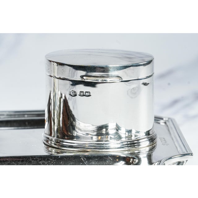 Metal Exceptional Solid Sterling Silver Antique English Desk Double Inkwell Stand Inkstand For Sale - Image 7 of 18