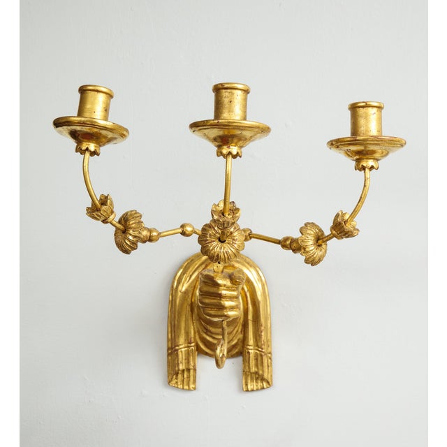 Bespoke Pair of giltwood hand-carved sconces. Sconces are gilded using the highest quality gold leaf. They may also be...