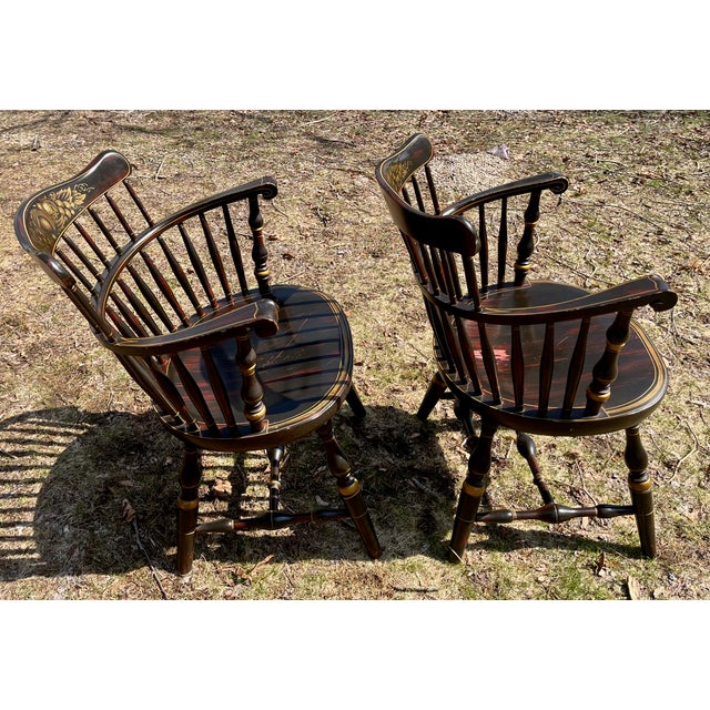 Nichols & Stone Pair Stenciled Arm Chairs Windsor Comb Backs Attrib.Nichols & Stone Harvest Farmhouse For Sale - Image 4 of 8