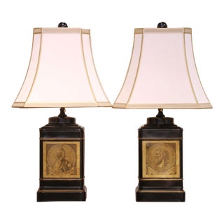 Pair of 19th C. English Victorian Black Tole Lamps With Classical Medallions For Sale