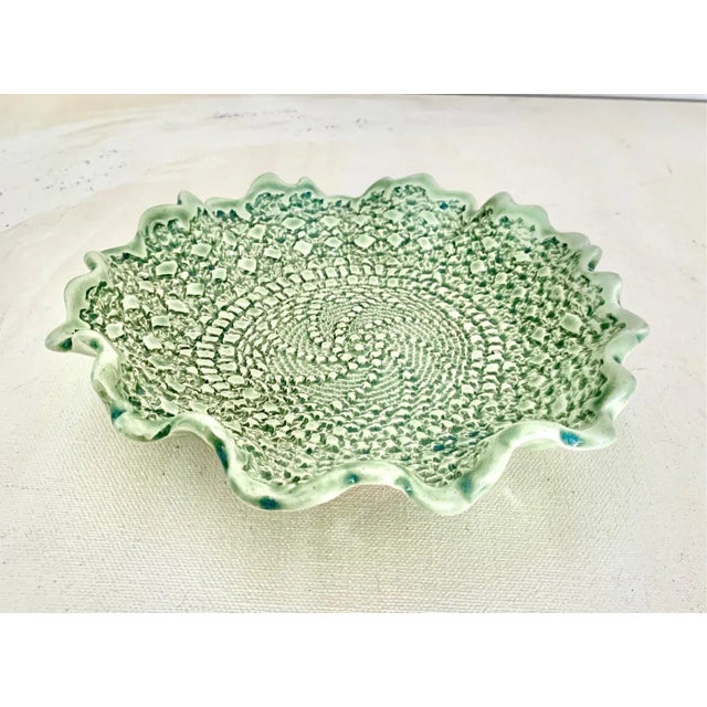 Late 20th Century Vintage Scalloped Edge Sage Green Studio Ceramic Bowl - Artist Signed For Sale - Image 5 of 5