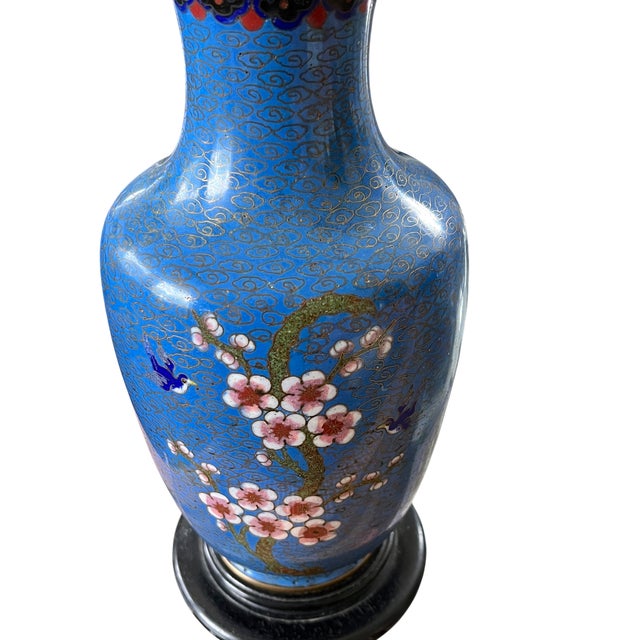 Metal Antique 19th Century Chinese Cloisonné Vase Lamp With Cherry Blossoms & Swallows on Cobalt Blue Ground, 18" For Sale - Image 7 of 15