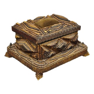 Antique Tramp Art Diamond 2 Tier Hinged Carved Wood Presentation Jewelry Box For Sale