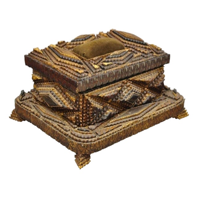 Antique Tramp Art Diamond 2 Tier Hinged Carved Wood Presentation Jewelry Box For Sale