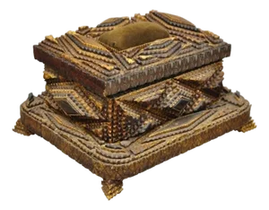 Antique Tramp Art Diamond 2 Tier Hinged Carved Wood Presentation Jewelry Box
