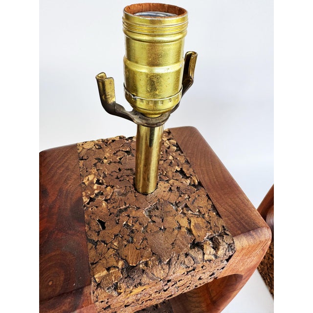 Brown Mid-Century Modern Craftsman Style Wood, Cork Table Lamps, Pair For Sale - Image 8 of 9