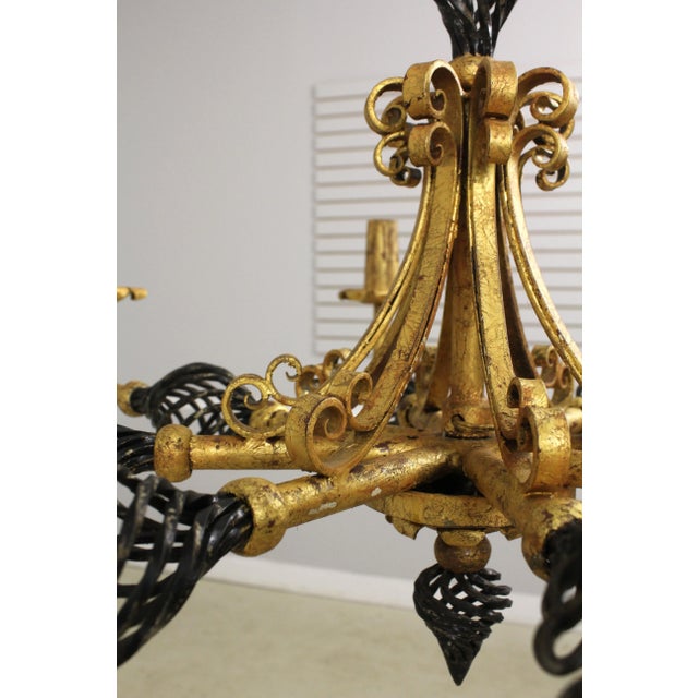 Neoclassical 8 Arm Iron Black & Gold Chandelier For Sale - Image 9 of 12