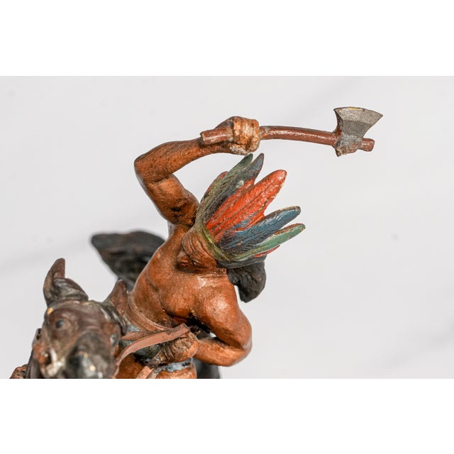 Amazing Antique Cold Painted Bronze Sculpture Statue Native American Indian on Horse Western Art For Sale - Image 9 of 14