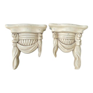 Vintage Wood Carved Draped Neoclassical Off White Classic Wall Brackets Shelves- A Pair For Sale