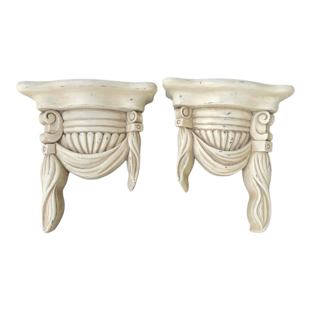 Vintage Wood Carved Draped Neoclassical Off White Classic Wall Brackets Shelves- A Pair For Sale