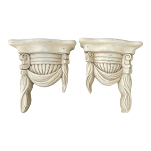 Vintage Wood Carved Draped Neoclassical Off White Classic Wall Brackets Shelves- A Pair
