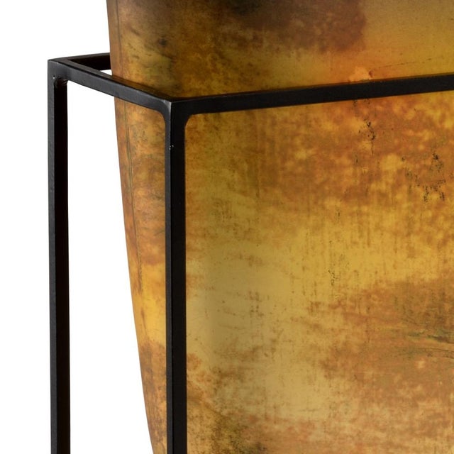 Sunset ombre glass vase in iron stand. 23.8h x 10w x 4.5d